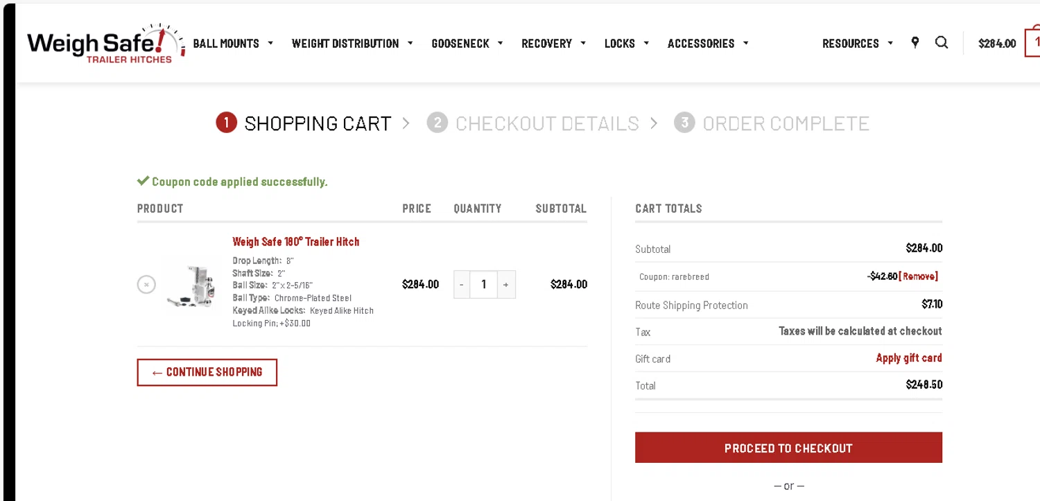 Weigh Safe coupon code screenshot showing code rarebreed applied at Weigh Safe checkout page. Uploaded by SimplyCodes community member KarinaHZ on Dec 2, 2025