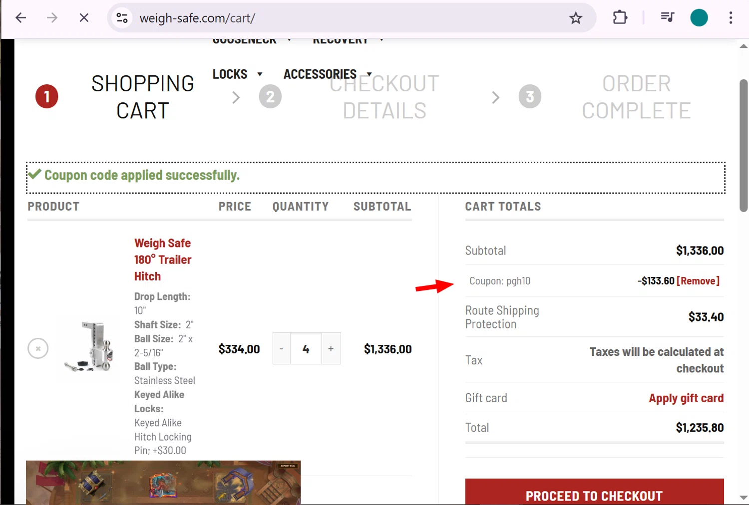 Weigh Safe coupon code screenshot showing code PGH10 applied at Weigh Safe checkout page. Uploaded by SimplyCodes community member anosesmith on Dec 9, 2025