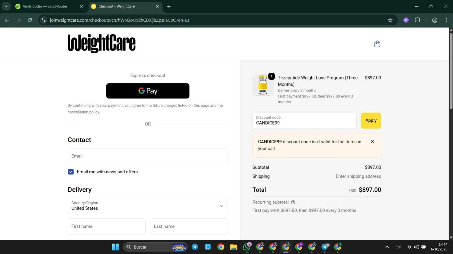 WeightCare discount code screenshot showing code CANDICE99 applied at WeightCare checkout page. Uploaded by SimplyCodes community member LuckyElite8069 on Oct 6, 2025