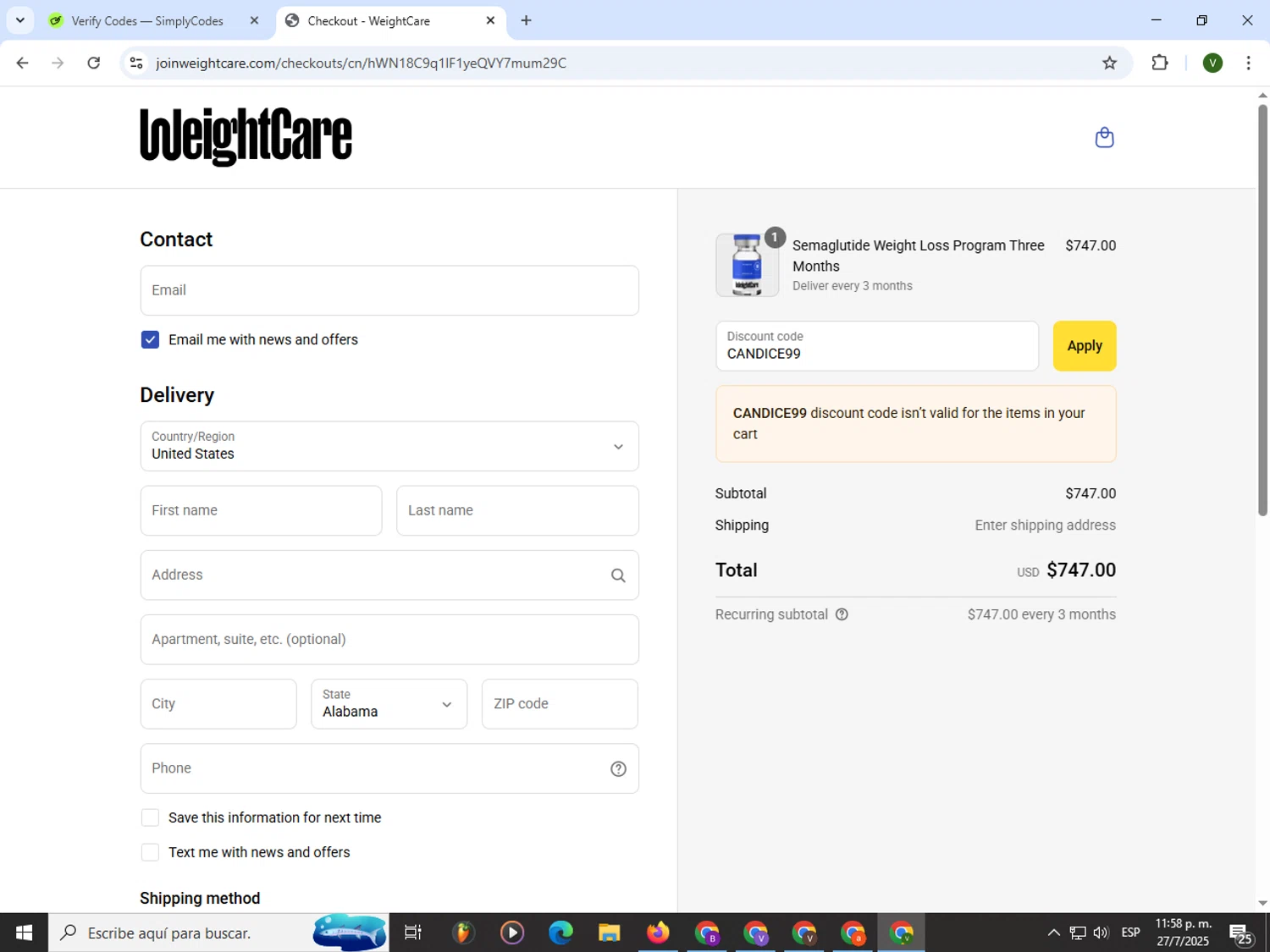 WeightCare discount code screenshot showing code CANDICE99 applied at WeightCare checkout page. Uploaded by SimplyCodes community member PrimeWizard4168 on Jul 28, 2025