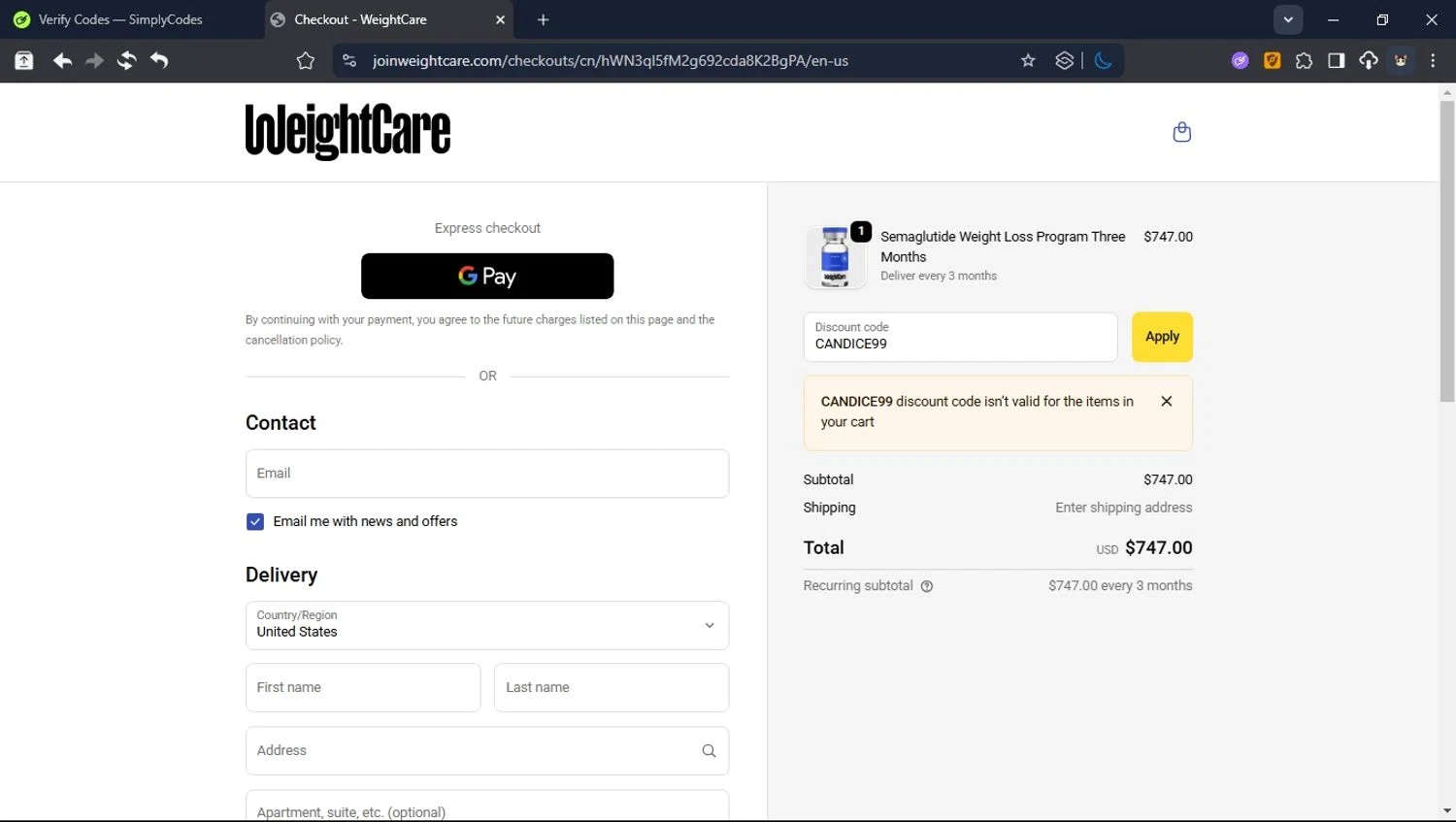 WeightCare discount code screenshot showing code CANDICE99 applied at WeightCare checkout page. Uploaded by SimplyCodes community member USER_RANDON on Oct 7, 2025