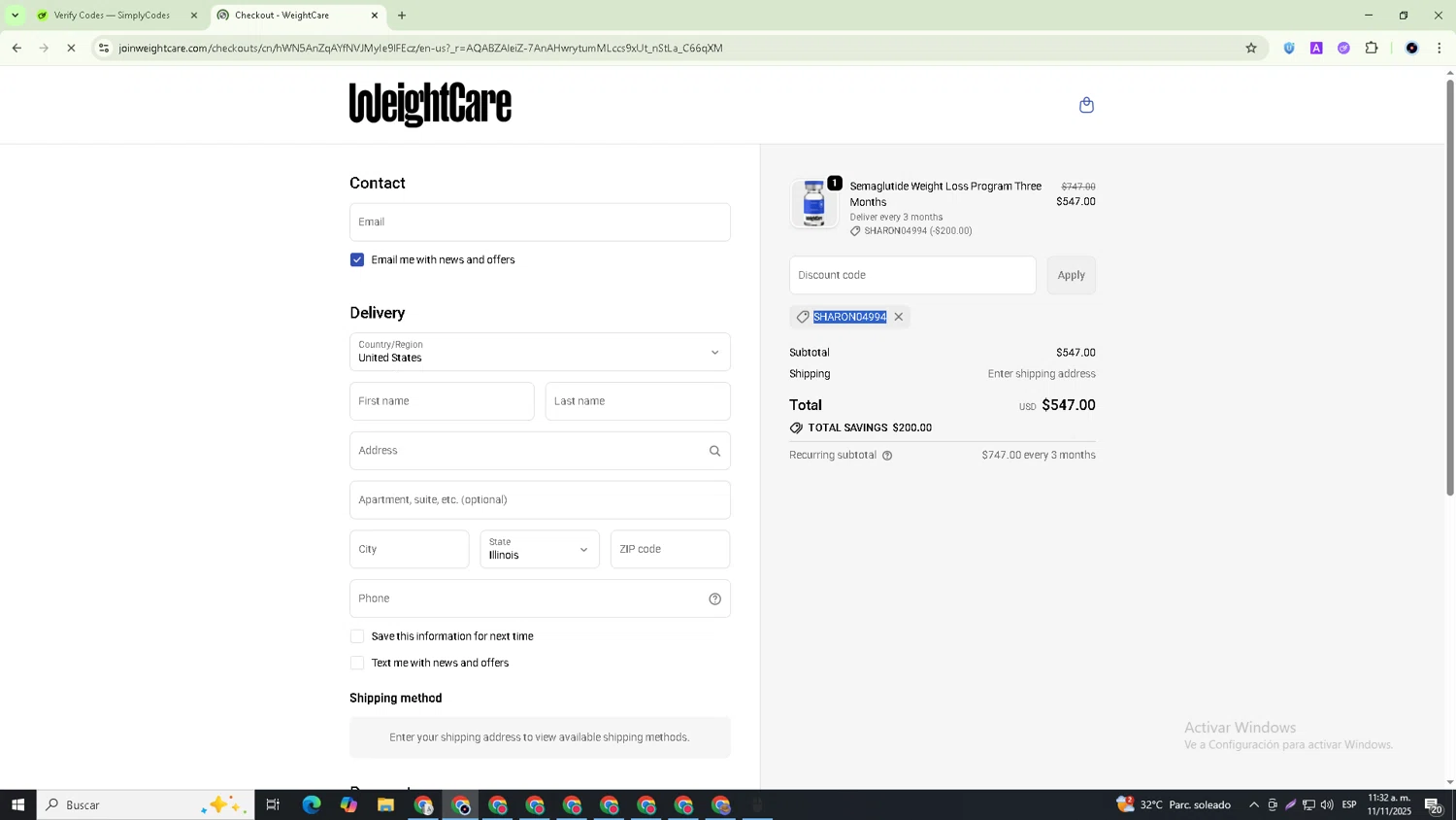 WeightCare discount code screenshot showing code SHARON04994 applied at WeightCare checkout page. Uploaded by SimplyCodes community member GoldRanger7074 on Nov 11, 2025