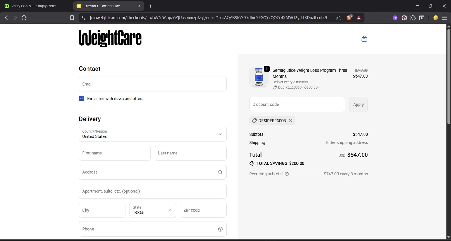 WeightCare discount code screenshot showing code DESIREE23008 applied at WeightCare checkout page. Uploaded by SimplyCodes community member Materiagrey10 on Nov 11, 2025