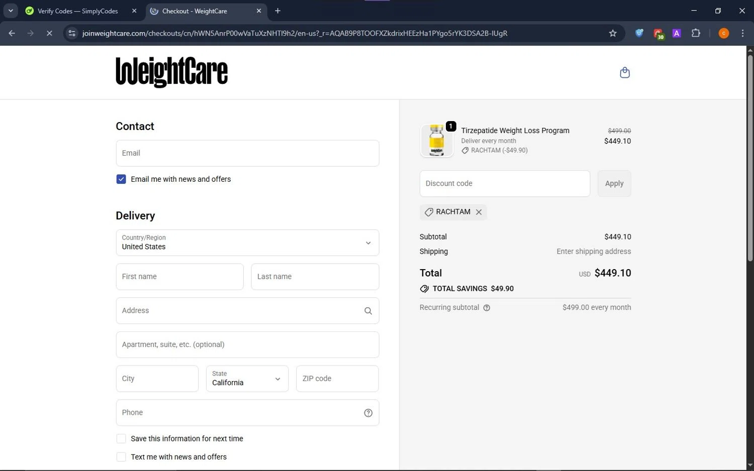 WeightCare discount code screenshot showing code rachtam applied at WeightCare checkout page. Uploaded by SimplyCodes community member ShrewdCaptain9911 on Nov 11, 2025