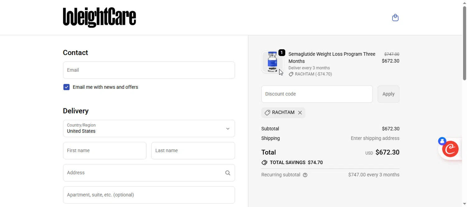 WeightCare discount code screenshot showing code rachtam applied at WeightCare checkout page. Uploaded by SimplyCodes community member armalissolorzano1 on Nov 11, 2025