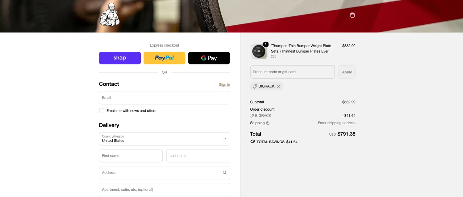 Weight It Out promo code screenshot showing code bigrack applied at Weight It Out checkout page. Uploaded by SimplyCodes community member ELOIN777 on May 31, 2026