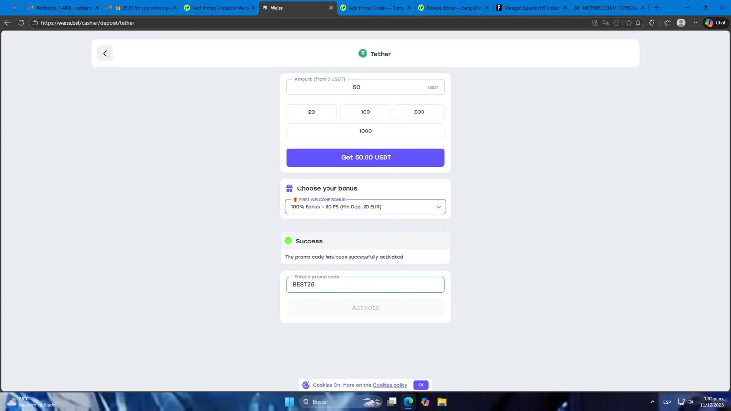 Weiss promo code screenshot showing code BEST25 applied at Weiss checkout page. Uploaded by SimplyCodes community member Mdeoca on Dec 11, 2025