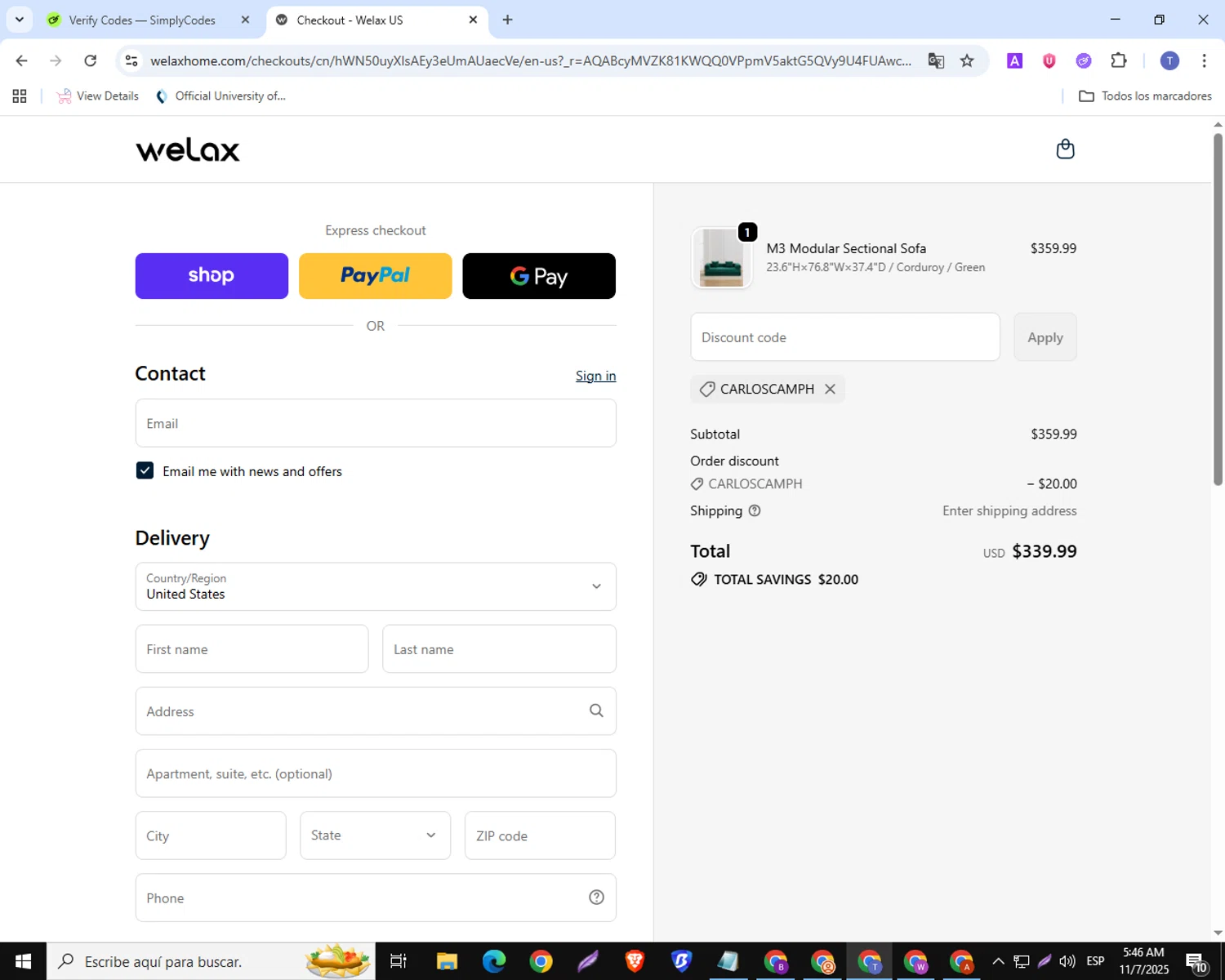 WELAX discount code screenshot showing code CARLOSCAMPH applied at WELAX checkout page. Uploaded by SimplyCodes community member ShrewdSaver8478 on Nov 7, 2025