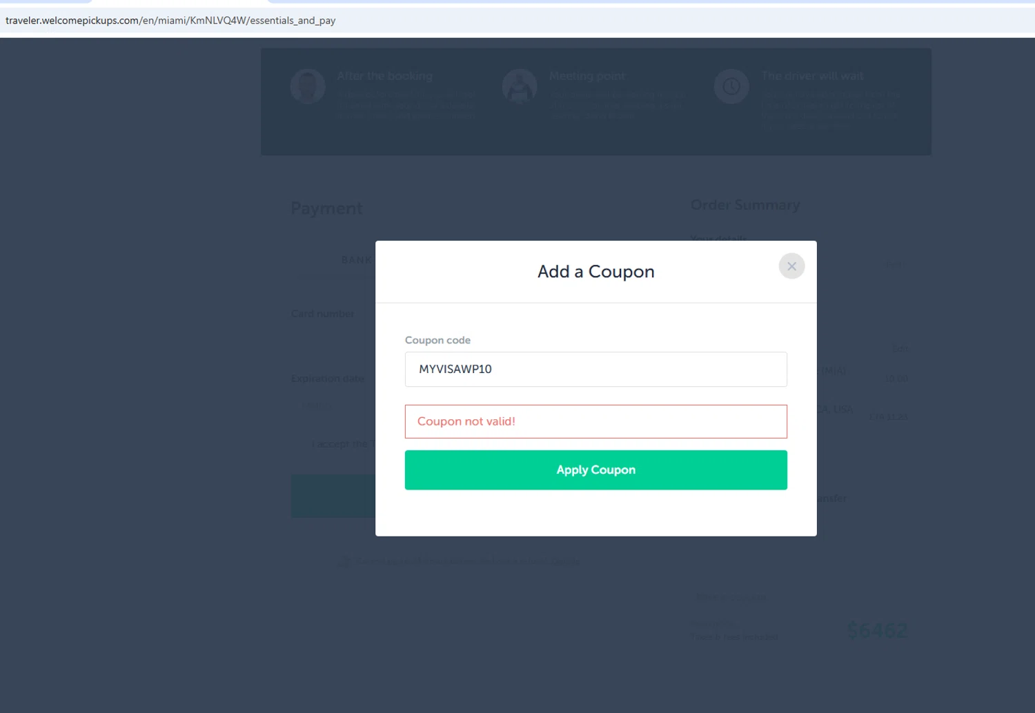 Welcome Pickups promo code screenshot showing code MYVISAWP10 applied at Welcome Pickups checkout page. Uploaded by SimplyCodes community member danielgonzalez5 on Aug 15, 2025