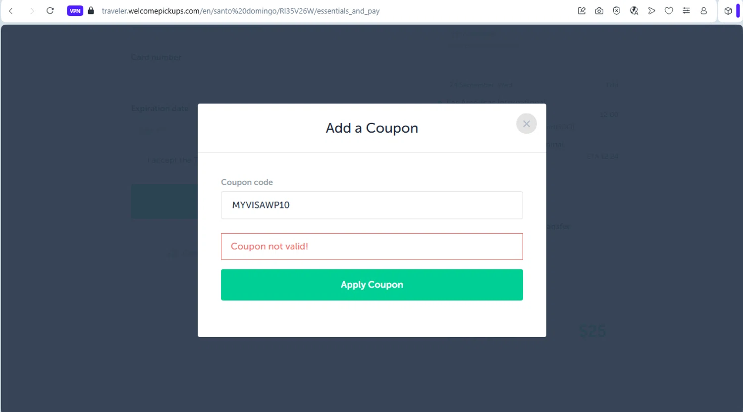Welcome Pickups promo code screenshot showing code MYVISAWP10 applied at Welcome Pickups checkout page. Uploaded by SimplyCodes community member rafaelmarquez on Aug 15, 2025