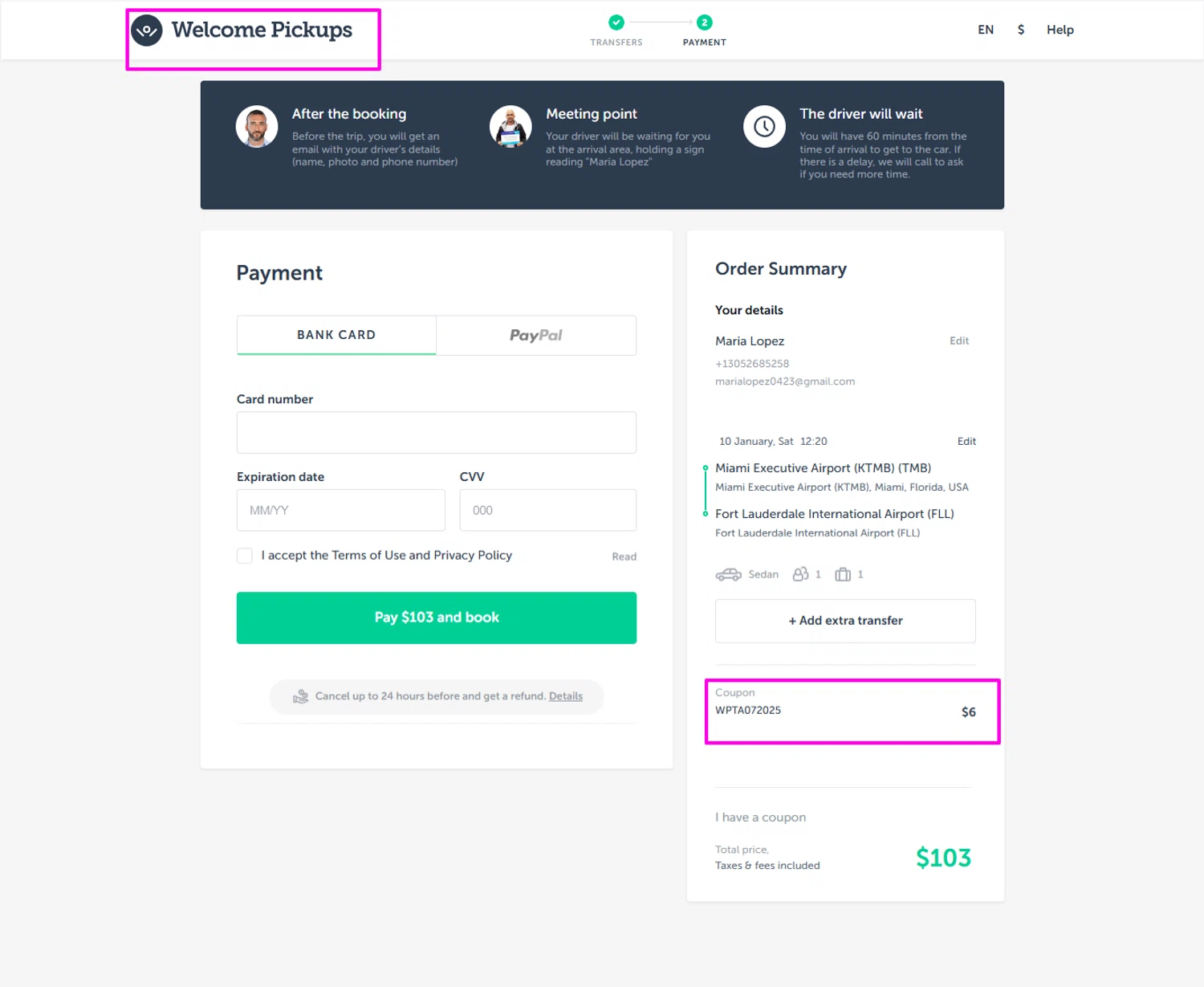 Welcome Pickups promo code screenshot showing code WPTA072025 applied at Welcome Pickups checkout page. Uploaded by SimplyCodes community member mrdarcy on Jan 7, 2026
