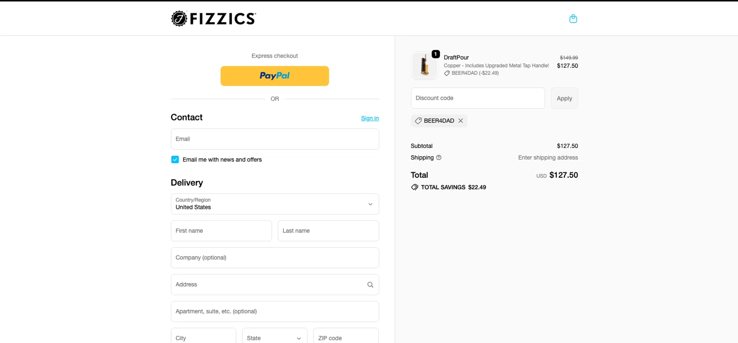 Fizzics promo code screenshot showing code BEER4DAD applied at Fizzics checkout page. Uploaded by SimplyCodes community member ELOIN777 on May 13, 2026
