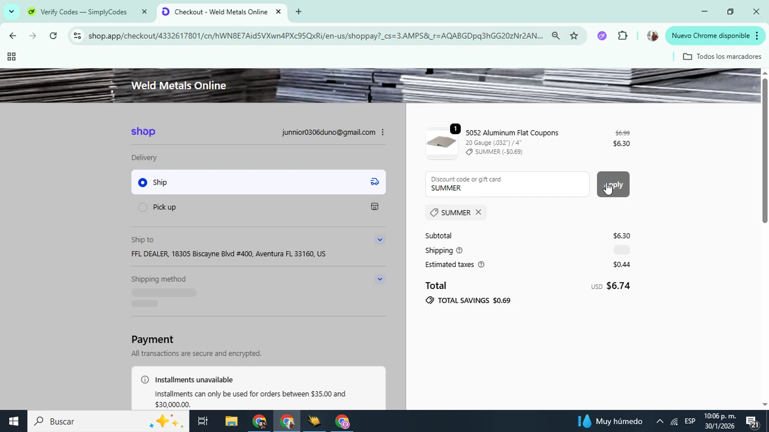 Weld Metals Online promo code screenshot showing code SUMMER applied at Weld Metals Online checkout page. Uploaded by SimplyCodes community member Mujerdejunnior on Jan 31, 2026