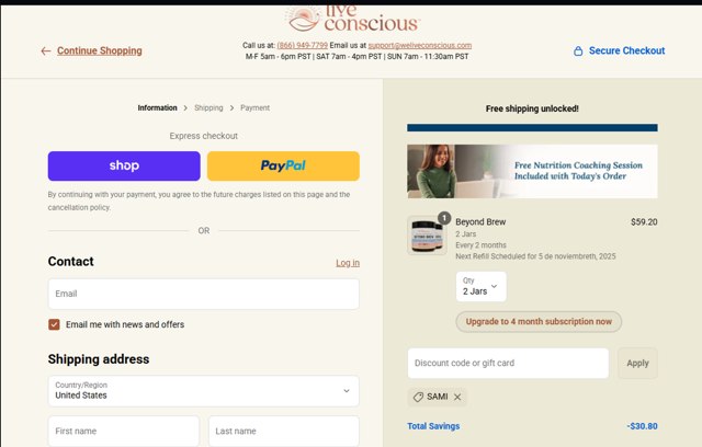 Live Conscious checkout page showing Live Conscious discount code box | Screenshot taken by SimplyCodes community member on Sep 5, 2025