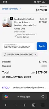 GRIEFAWAKENINGPOD10 coupon verification screenshot