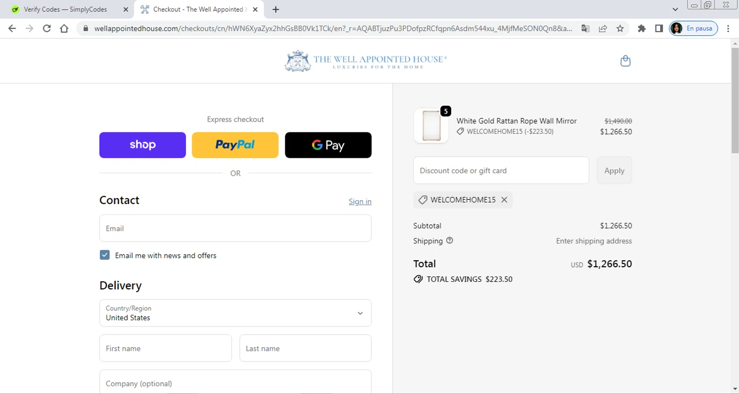 Well Appointed House promo code screenshot showing code WELCOMEHOME15 applied at Well Appointed House checkout page. Uploaded by SimplyCodes community member PrimeAdmiral8733 on Dec 17, 2025