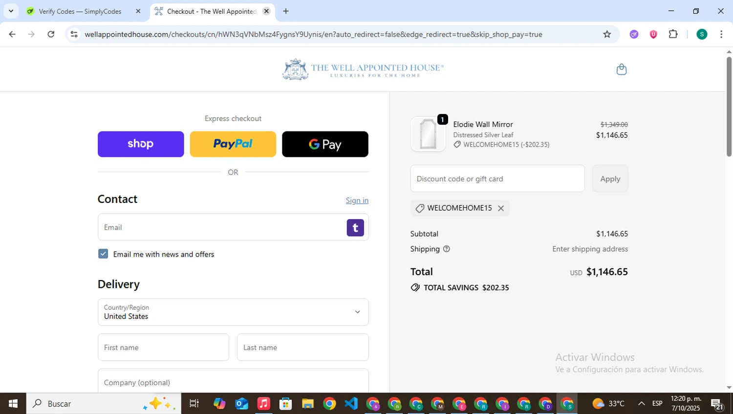 Well Appointed House promo code screenshot showing code WELCOMEHOME15 applied at Well Appointed House checkout page. Uploaded by SimplyCodes community member VictoriousPilot5281 on Oct 7, 2025