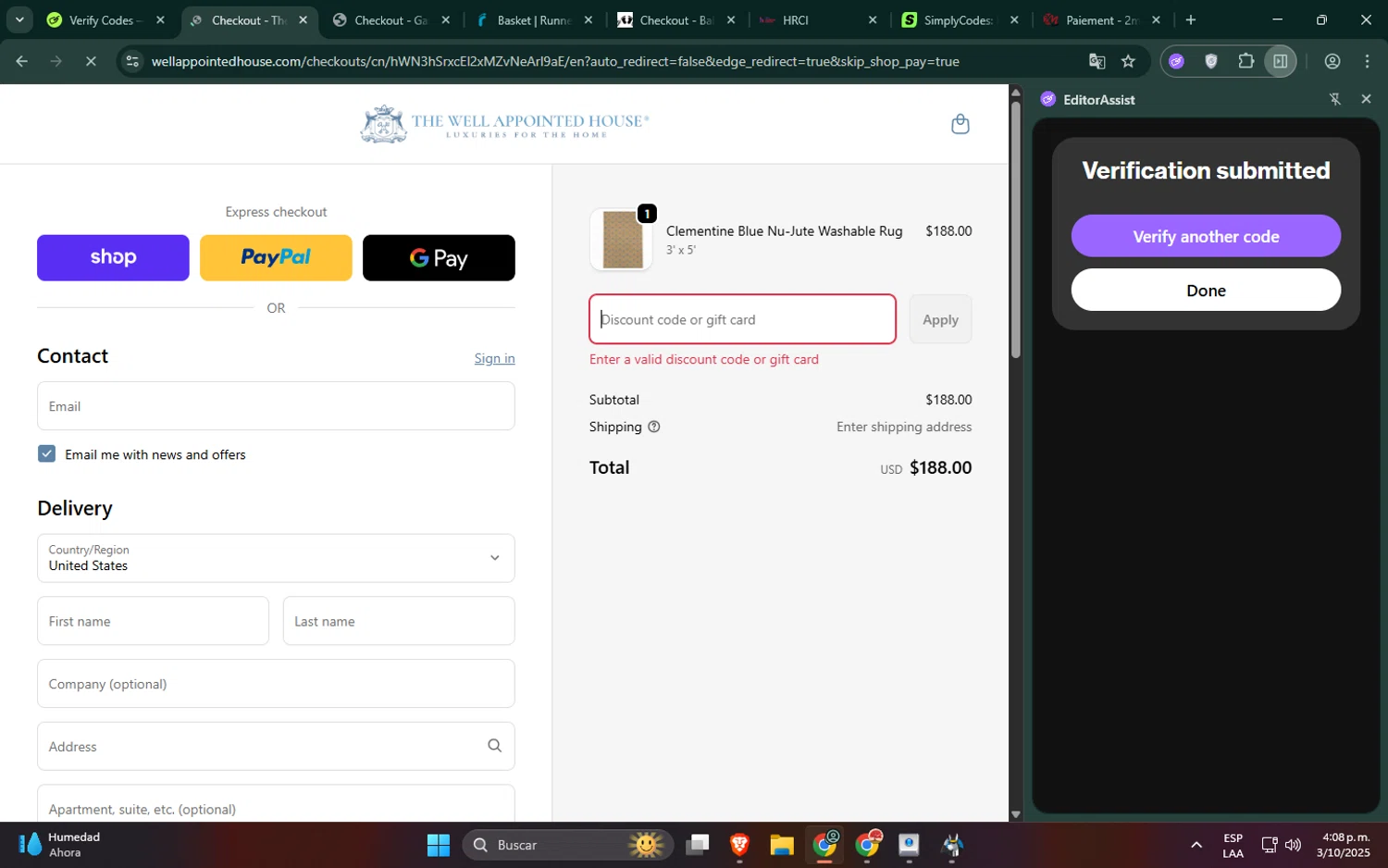 Well Appointed House promo code screenshot showing code SUMMER20 applied at Well Appointed House checkout page. Uploaded by SimplyCodes community member jeremyriera on Oct 3, 2025