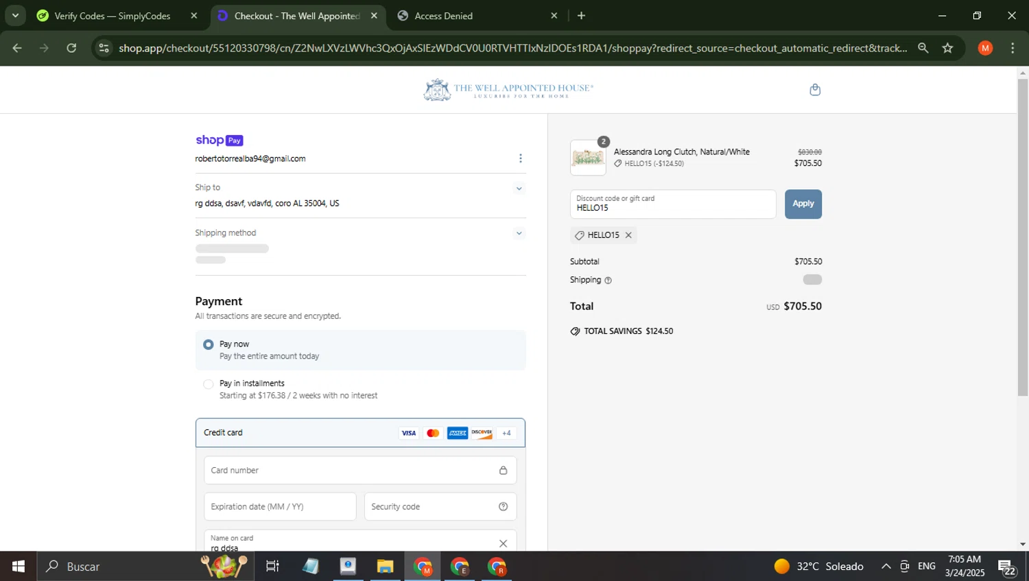 Well Appointed House promo code screenshot showing code HELLO15 applied at Well Appointed House checkout page. Uploaded by SimplyCodes community member BrilliantTiger6187 on Mar 24, 2025