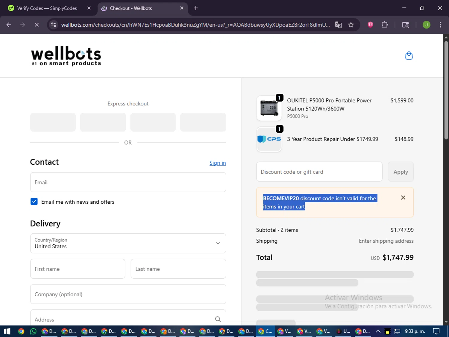 Wellbots promo code screenshot showing code BECOMEVIP20 applied at Wellbots checkout page. Uploaded by SimplyCodes community member LilBaby on Jan 5, 2026