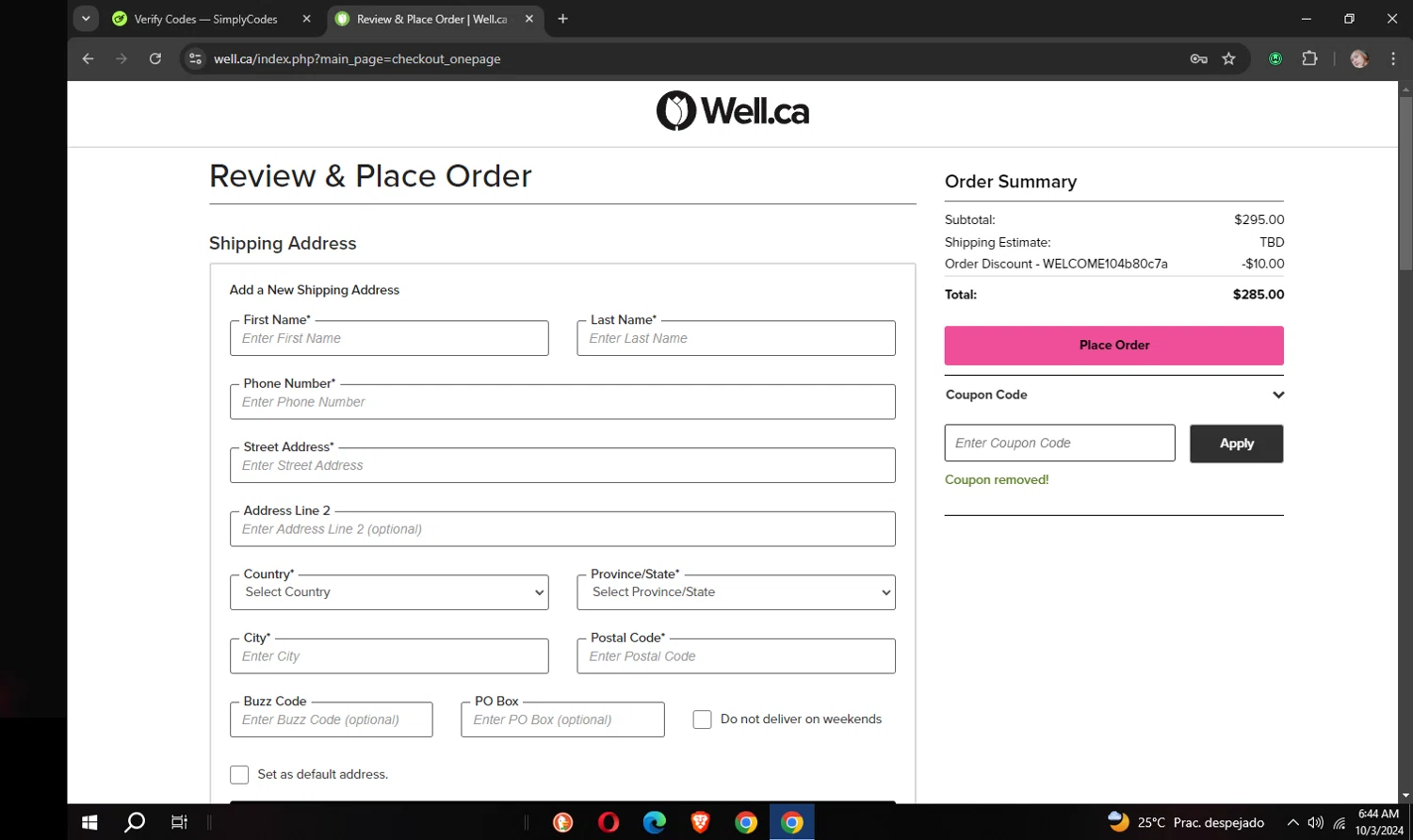 where to use Well.ca promo code box