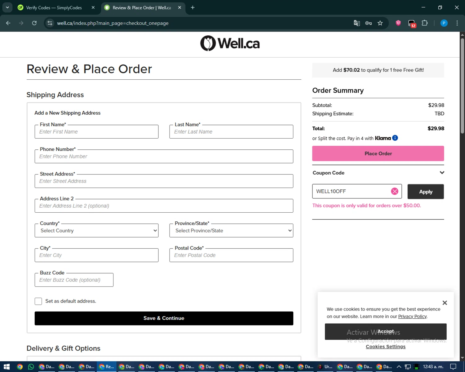 Well.ca promo code screenshot showing code WELL10OFF applied at Well.ca checkout page. Uploaded by SimplyCodes community member juiceWRLD on Jan 20, 2026