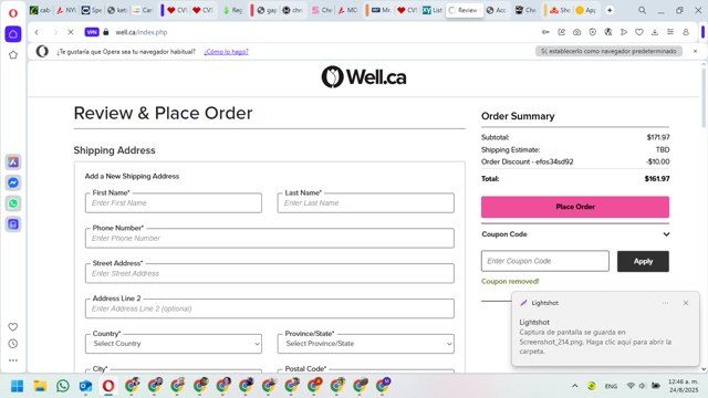 Well.ca checkout page showing Well.ca promo code box | Screenshot taken by SimplyCodes community member on Aug 24, 2025