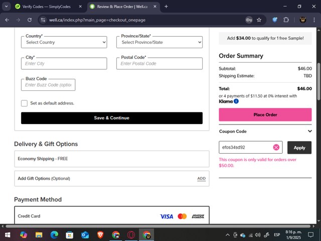 Well.ca checkout page showing Well.ca promo code box | Screenshot taken by SimplyCodes community member on Sep 2, 2025