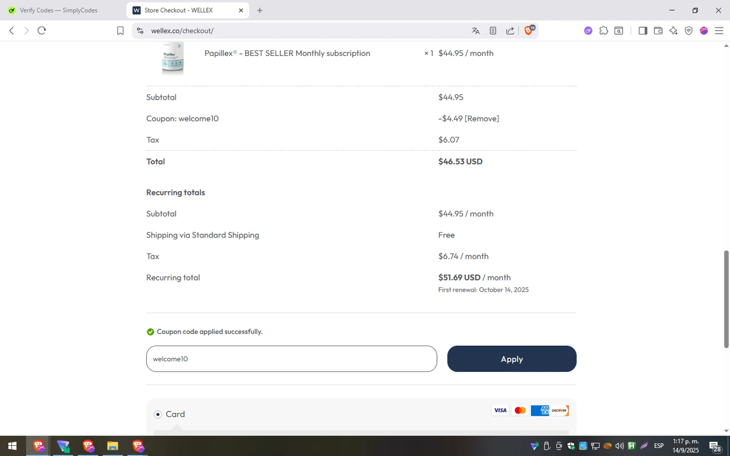 Wellex Wellness checkout page showing Wellex Wellness promo code box | Screenshot taken by SimplyCodes community member on Sep 14, 2025