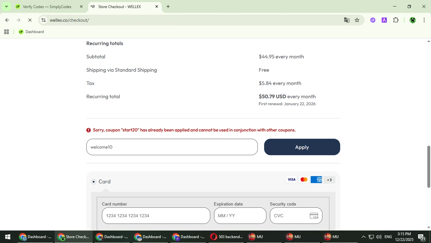 Wellex Wellness promo code screenshot showing code welcome10 applied at Wellex Wellness checkout page. Uploaded by SimplyCodes community member MaitoGai on Dec 22, 2025