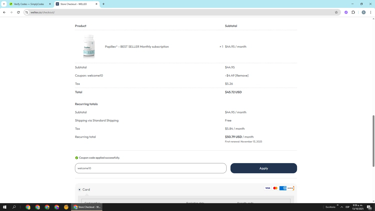 Wellex Wellness promo code screenshot showing code welcome10 applied at Wellex Wellness checkout page. Uploaded by SimplyCodes community member Piolin on Oct 13, 2025