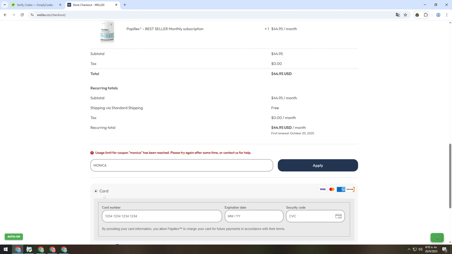 Wellex Wellness promo code screenshot showing code MONICA applied at Wellex Wellness checkout page. Uploaded by SimplyCodes community member TOKIOBOT on Sep 20, 2025