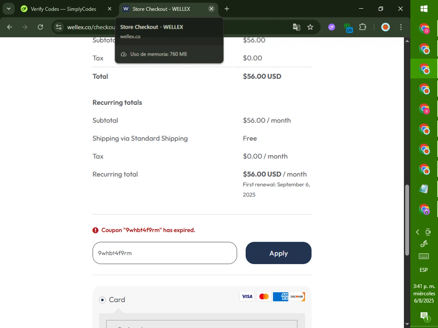 Wellex Wellness promo code screenshot showing code 9whbt4f9rm applied at Wellex Wellness checkout page. Uploaded by SimplyCodes community member CashMaverick8128 on Aug 6, 2025