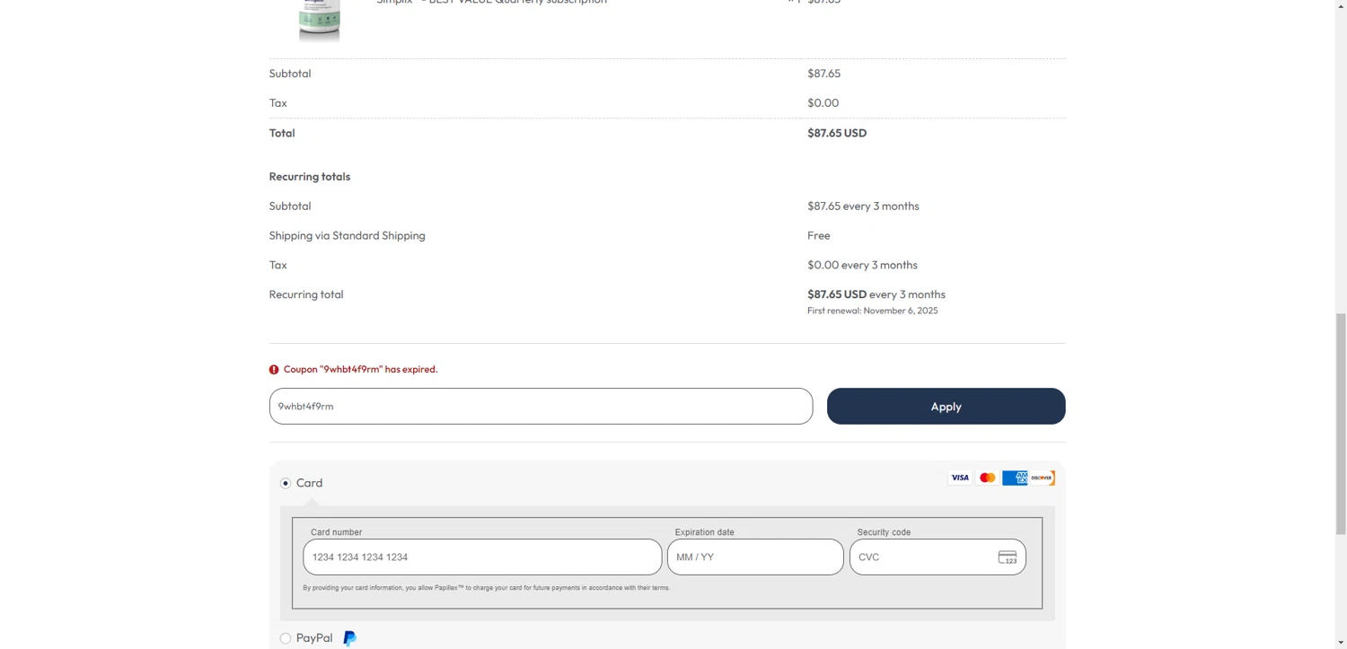 Wellex Wellness promo code screenshot showing code 9whbt4f9rm applied at Wellex Wellness checkout page. Uploaded by SimplyCodes community member RewardTitan728 on Aug 6, 2025