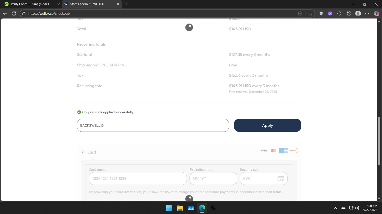 Wellex Wellness promo code screenshot showing code BACK2WELL15 applied at Wellex Wellness checkout page. Uploaded by SimplyCodes community member TheJoyBoy on Sep 22, 2025