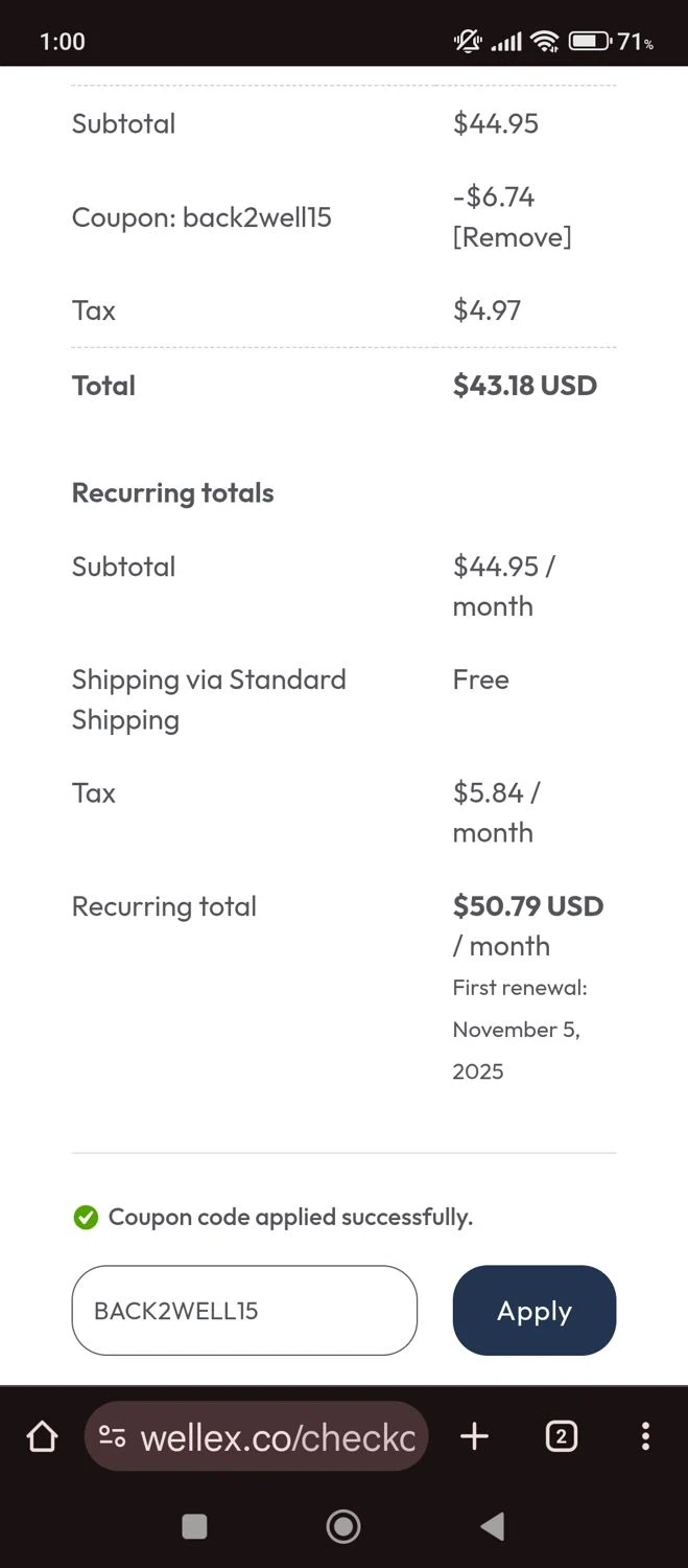 Wellex Wellness promo code screenshot showing code BACK2WELL15 applied at Wellex Wellness checkout page. Uploaded by SimplyCodes community member carlacabrera1 on Oct 5, 2025
