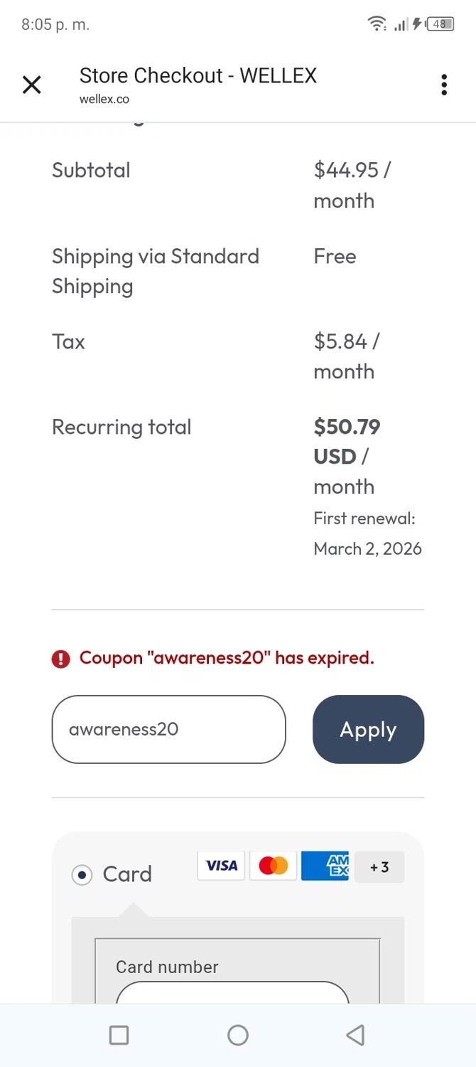 Wellex Wellness promo code screenshot showing code awareness20 applied at Wellex Wellness checkout page. Uploaded by SimplyCodes community member BonusVoyager4214 on Feb 3, 2026