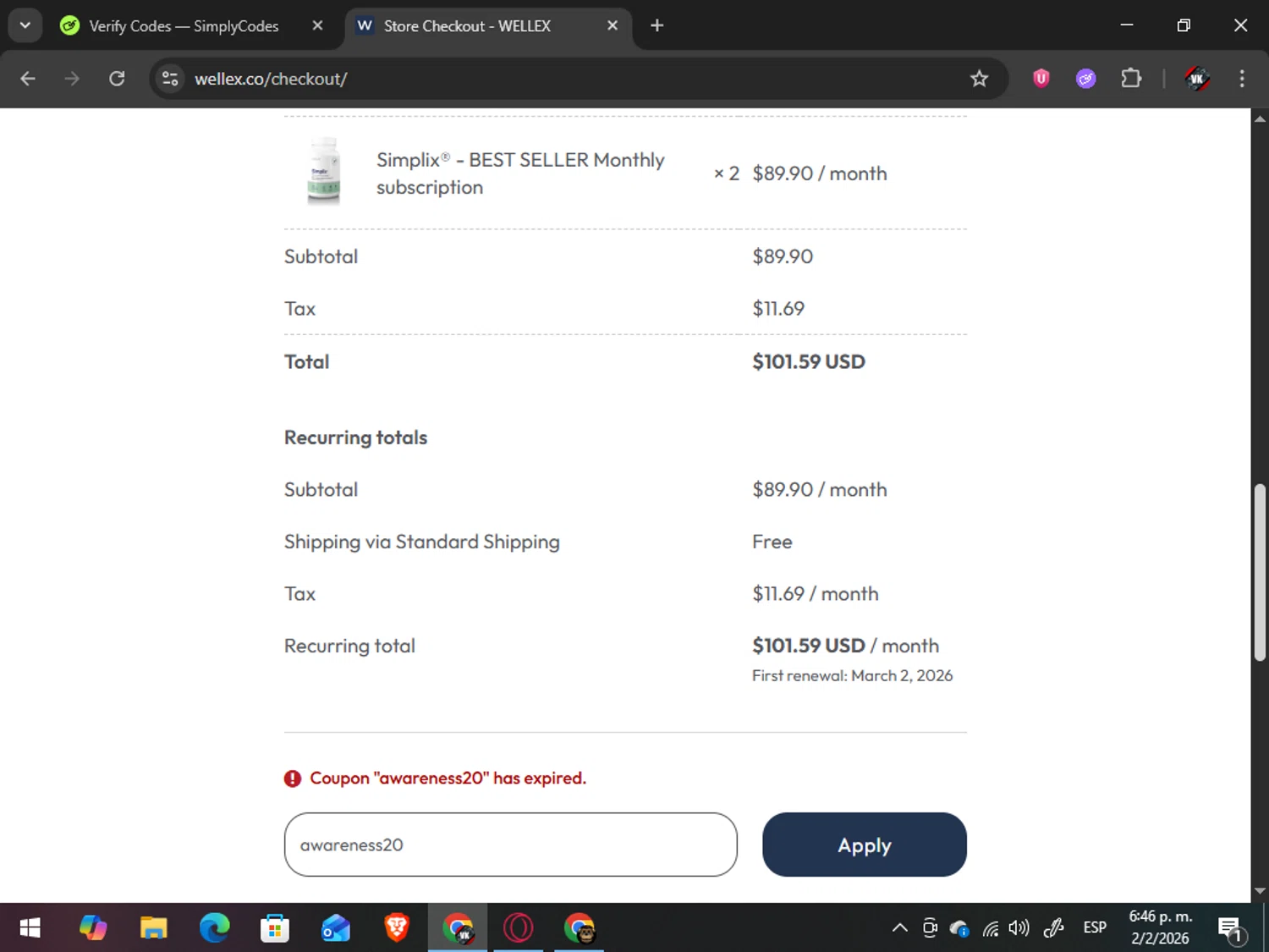 Wellex Wellness promo code screenshot showing code awareness20 applied at Wellex Wellness checkout page. Uploaded by SimplyCodes community member TreasureAdmiral6867 on Feb 2, 2026