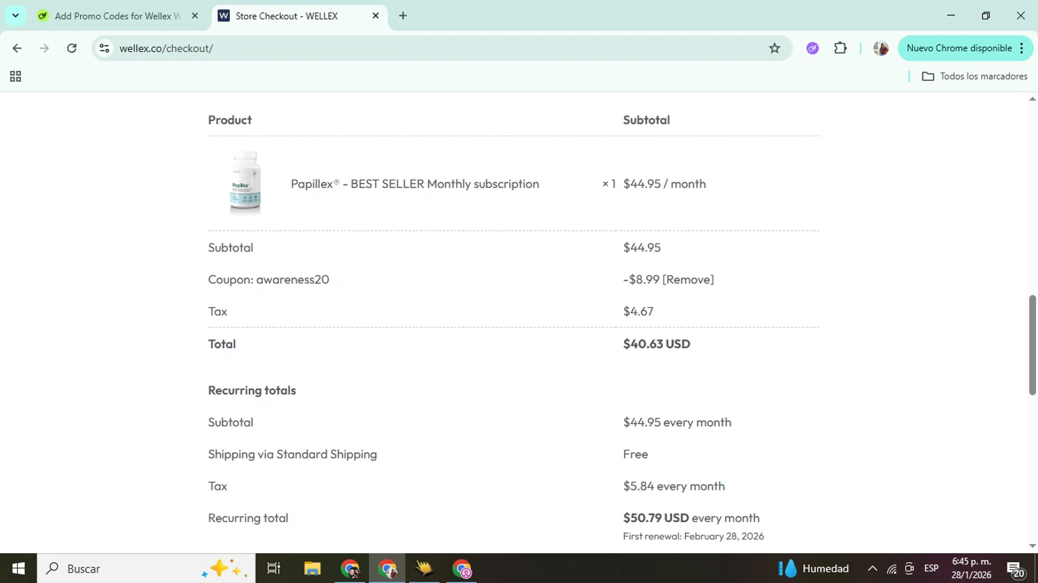 Wellex Wellness promo code screenshot showing code awareness20 applied at Wellex Wellness checkout page. Uploaded by SimplyCodes community member Mujerdejunnior on Jan 28, 2026