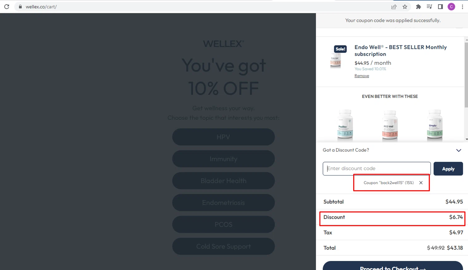 Wellex Wellness promo code screenshot showing code BACK2WELL15 applied at Wellex Wellness checkout page. Uploaded by SimplyCodes community member nileskamarcano on Feb 7, 2026
