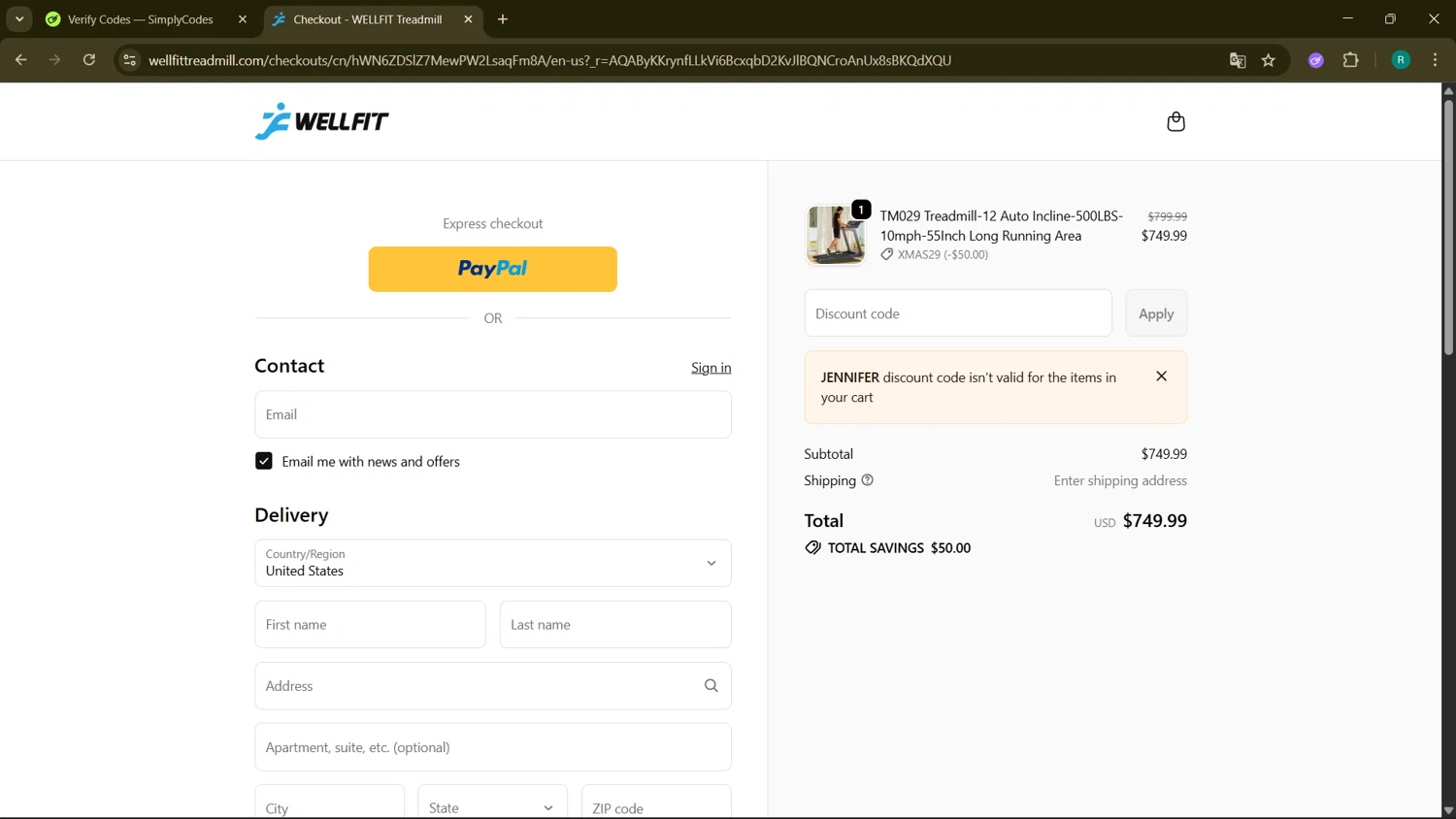 Wellfit discount code screenshot showing code JENNIFER applied at Wellfit checkout page. Uploaded by SimplyCodes community member BargainMonarch6495 on Dec 18, 2025