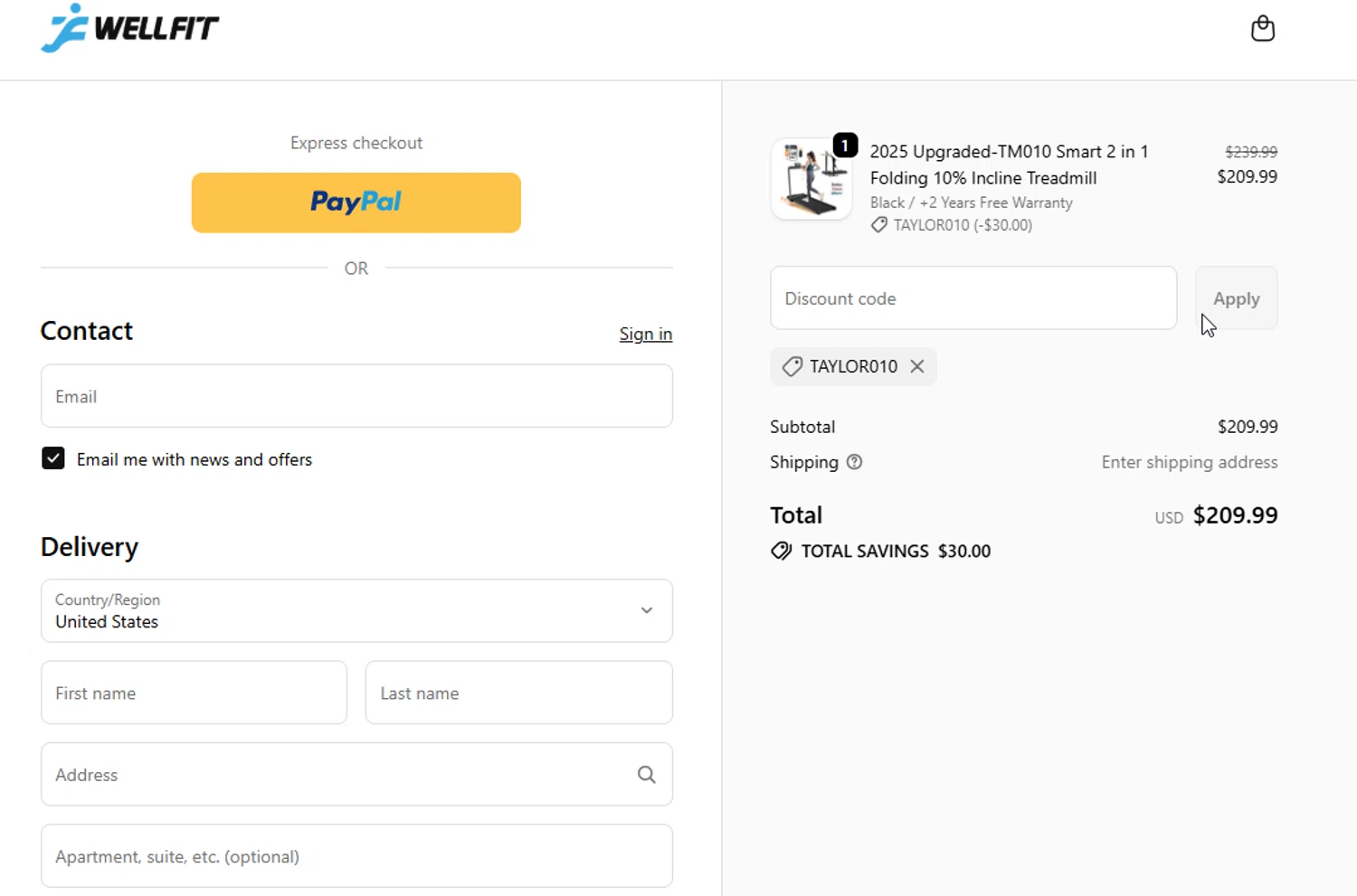 Wellfit discount code screenshot showing code TAYLOR010 applied at Wellfit checkout page. Uploaded by SimplyCodes community member ligthYA on Nov 15, 2025