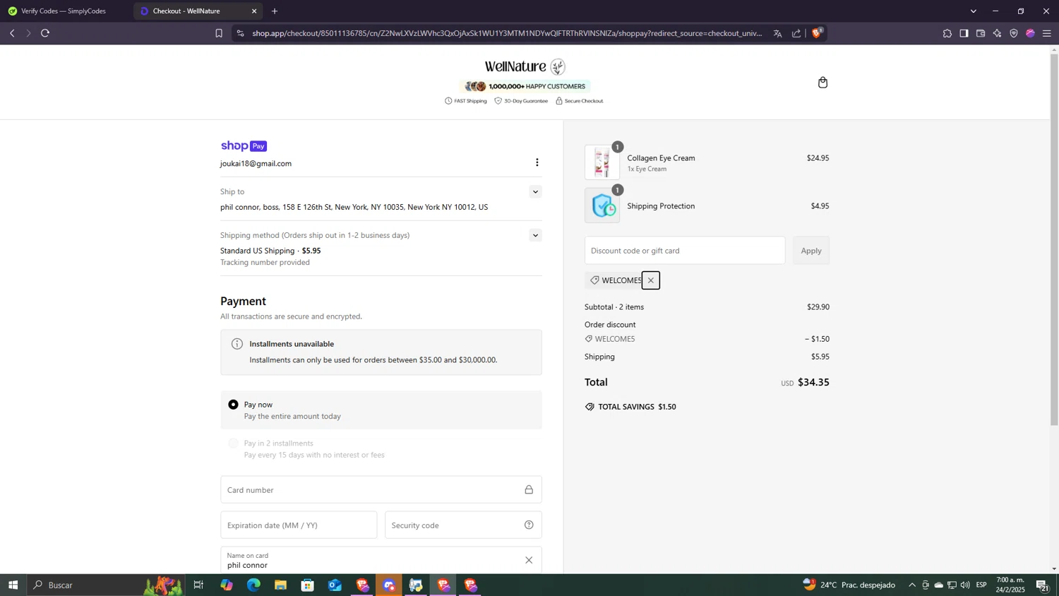 WellNature discount code screenshot showing code WELCOME5 applied at WellNature checkout page. Uploaded by SimplyCodes community member Despechao on Feb 24, 2025