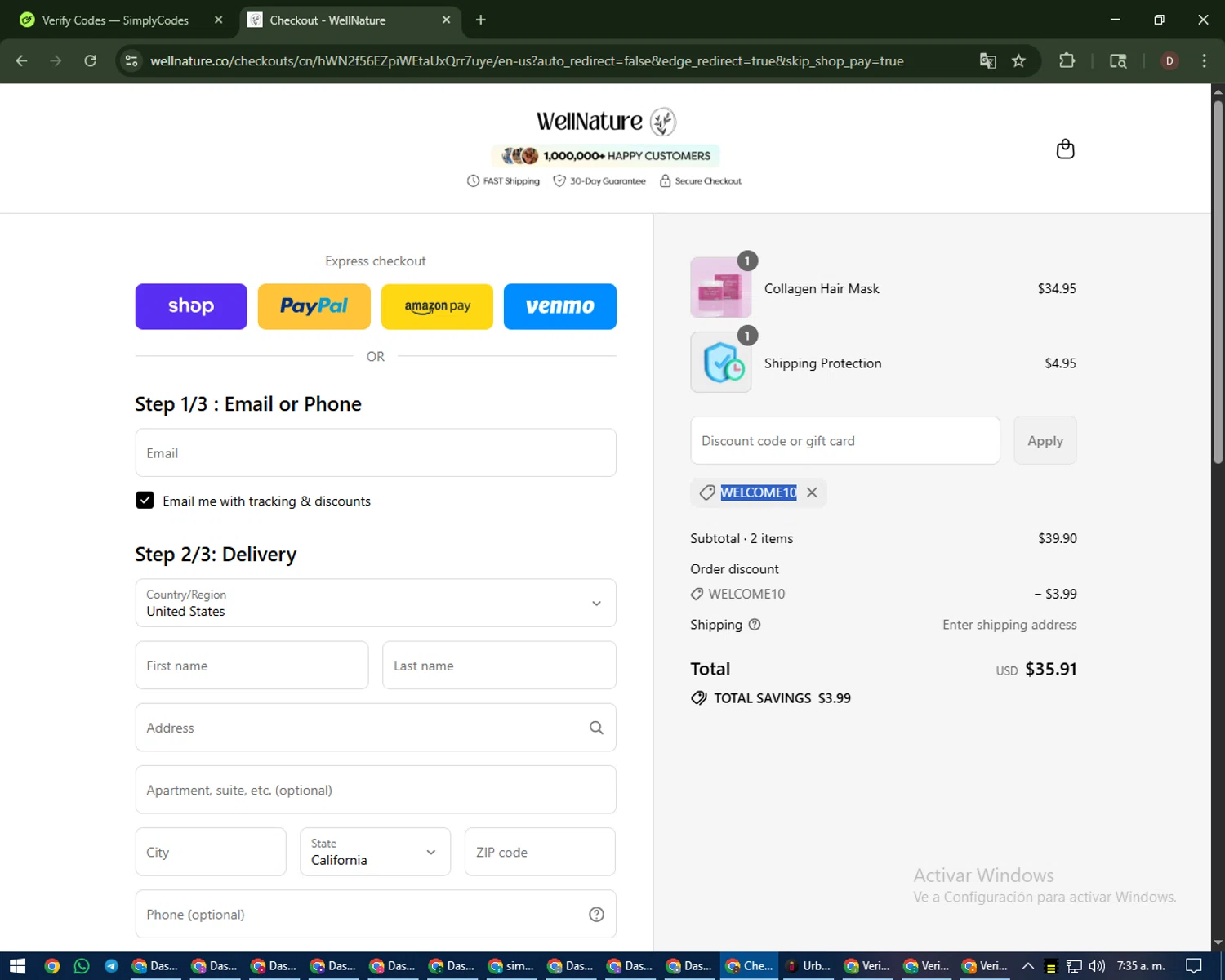 WellNature discount code screenshot showing code WELCOME10 applied at WellNature checkout page. Uploaded by SimplyCodes community member liltecca on Sep 6, 2025