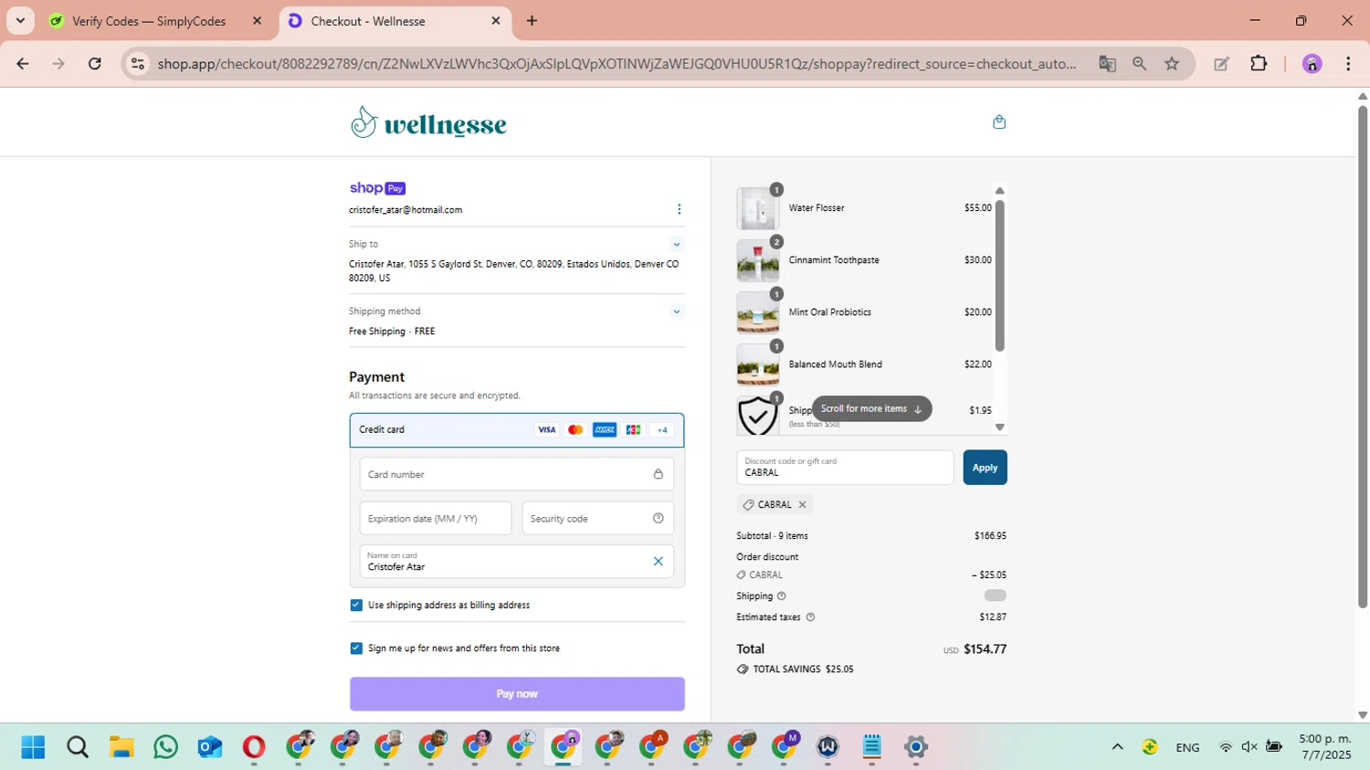 Wellnesse coupon code screenshot showing code CABRAL applied at Wellnesse checkout page. Uploaded by SimplyCodes community member MariAPB on Jul 7, 2025