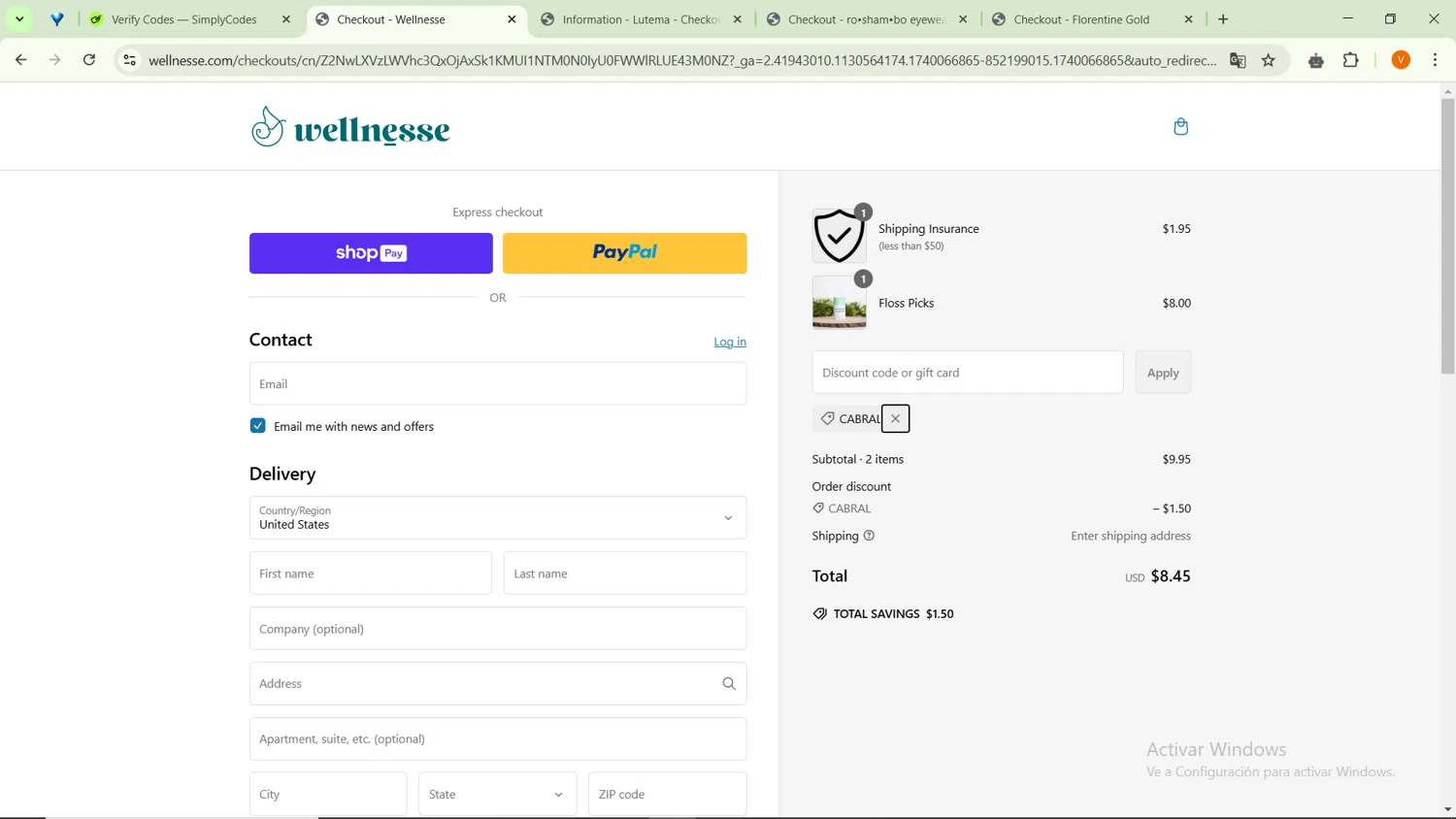Wellnesse coupon code screenshot showing code CABRAL applied at Wellnesse checkout page. Uploaded by SimplyCodes community member SavingsFinder9954 on Feb 20, 2025
