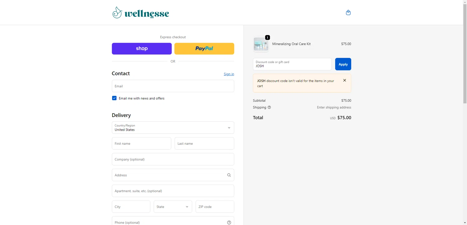 Wellnesse coupon code screenshot showing code JOSH applied at Wellnesse checkout page. Uploaded by SimplyCodes community member BrilliantRanger9984 on Dec 8, 2025