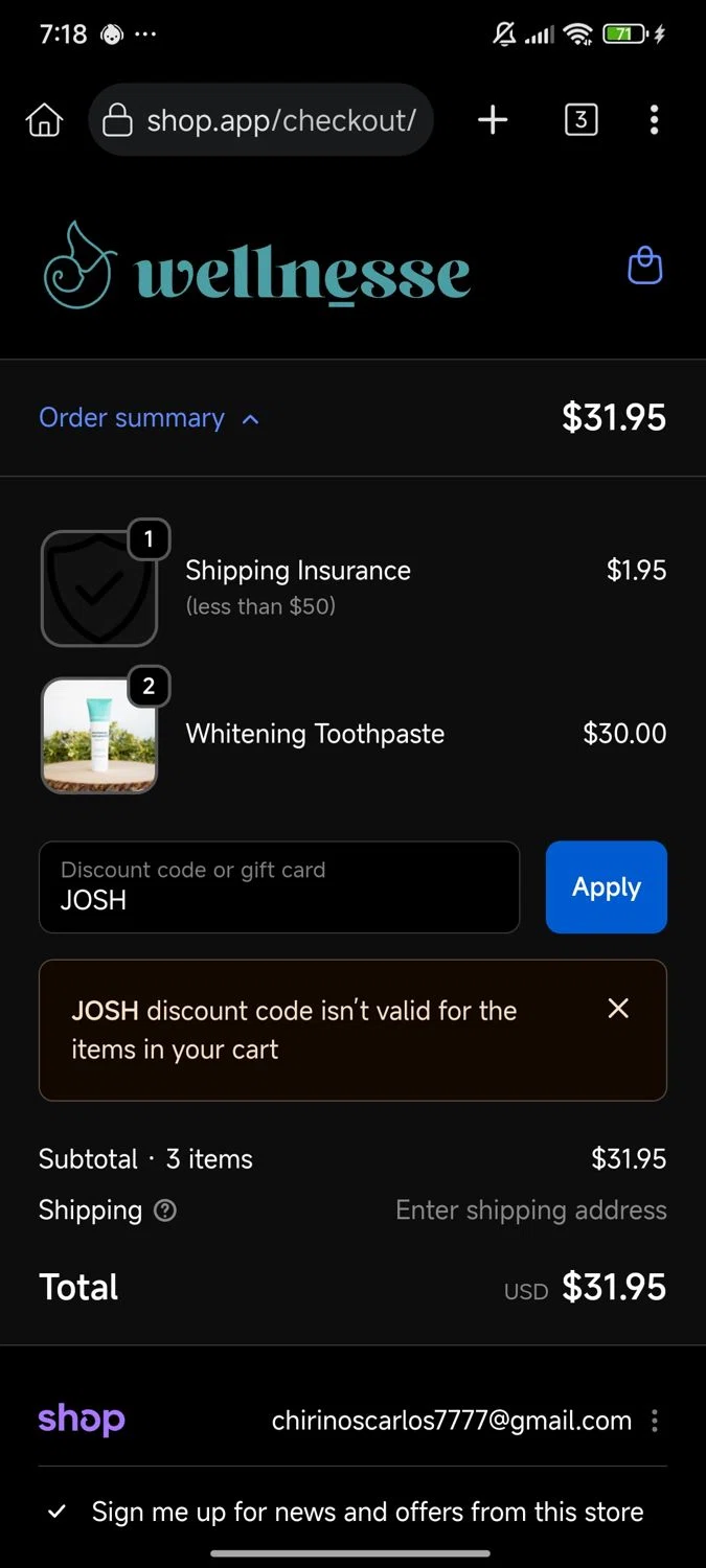Wellnesse coupon code screenshot showing code JOSH applied at Wellnesse checkout page. Uploaded by SimplyCodes community member Enmanuel17 on Oct 20, 2025