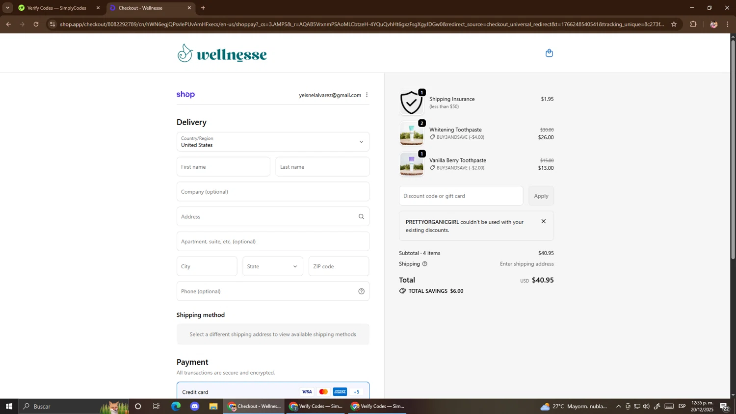 Wellnesse coupon code screenshot showing code Prettyorganicgirl applied at Wellnesse checkout page. Uploaded by SimplyCodes community member El_mynor on Dec 20, 2025