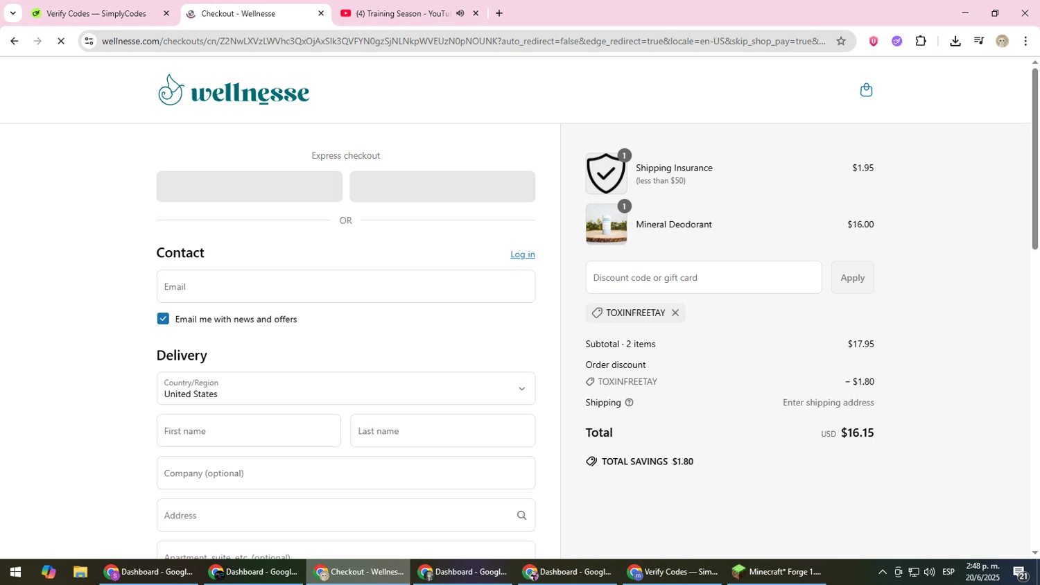 Wellnesse coupon code screenshot showing code Toxinfreetay applied at Wellnesse checkout page. Uploaded by SimplyCodes community member NobleScholar4826 on Jun 20, 2025